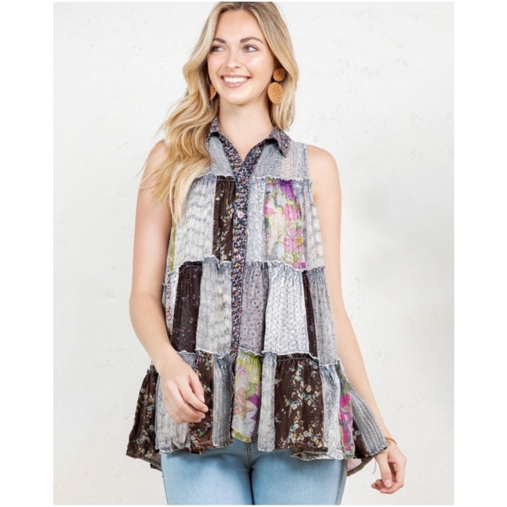 NWT! Boho Floral Print patchwork Button
Ruffle Sleeveless Top